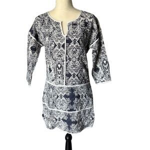 PIPERLIME COLLECTION Linen Tunic Panel Dress Size XS Blue White V-Neck Bohemian